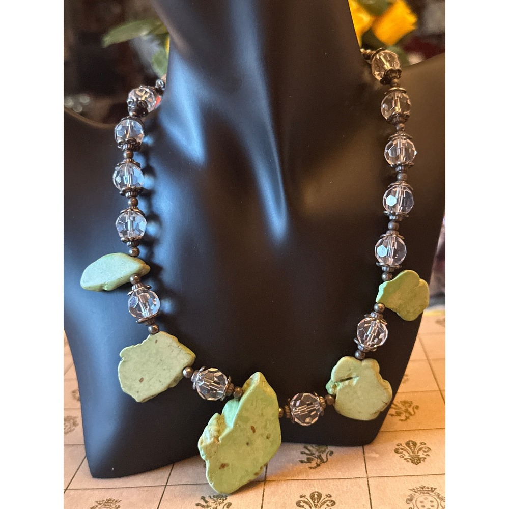 Boho Statement Necklace Raw Green Stone Nuggets Faceted Crystal Beads